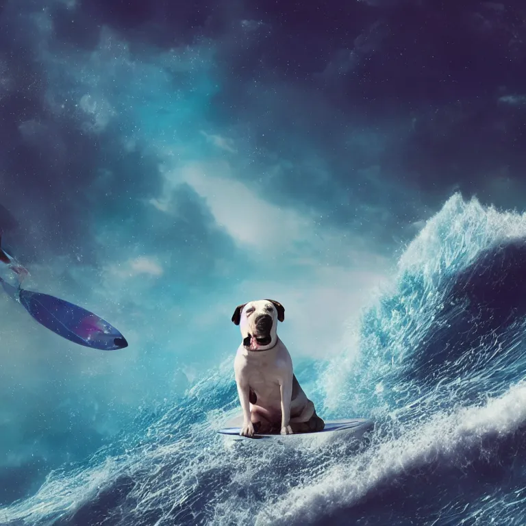 Image similar to photo of a female pit bull with a gray coat and white paws, surfing on a surfboard in a crashing wave of alien ocean in space, background is an alien galaxy, aliens in the background, alien colors, octane render, unreal engine, wide view, 8 k, high detaild