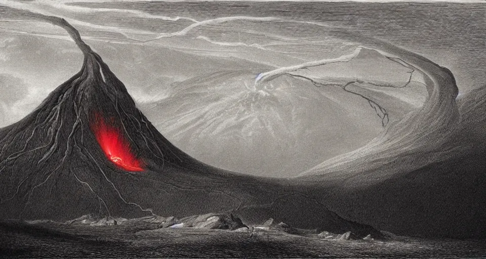 Image similar to a volcano made of ivory vines and crimson rocks enters in eruption, it spits a smoke in the shape of demonic eye, by John Martin