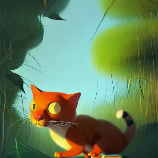 Prompt: goro fujita illustration a young little cat in the jungle by goro fujita, painting by goro fujita, sharp focus, highly detailed, artstation