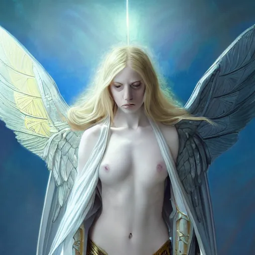 Image similar to the pale blond male angel of battle lucius wearing a white periwinkle, sci fi, glowing eyes, volumetric lights, gold theme, art nouveau botanicals, intricate, highly detailed, digital painting, artstation, concept art, smooth, sharp focus, cinematic, illustration, beautiful face, art by artgerm and greg rutkowski and alphonse mucha