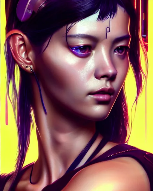 Prompt: beautiful portrait, digital painting of lalisa with cybernetic face implants with high detail, ( cyberpunk 2 0 7 7, mass effect, bladerunner 2 0 4 9, ghost in the shell ), environment, 8 k, stunning detail, photo by artgerm, greg rutkowski and alphonse mucha, unreal engine 5, 4 k uhd, eyes closed