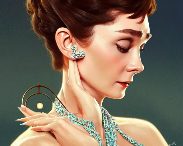 Image similar to photography of audrey hepburn in breakfast at tiffany's, deep focus, intricate, elegant, highly detailed, digital painting, artstation, concept art, matte, sharp focus, illustration, art by artgerm and greg rutkowski and alphonse mucha