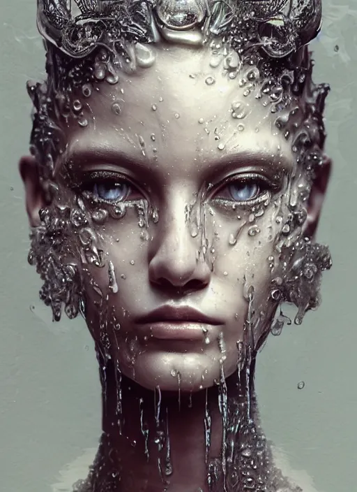 Image similar to sculpture made of water, portrait, female, future, shaman, harper's bazaar, vogue, magazine, insanely detailed and intricate, concept art, close up, wet, ornate, luxury, elite, elegant, trending on artstation, by ruan jia, by Kenneth Willardt, by ross tran, by WLOP, by Andrei Riabovitchev,