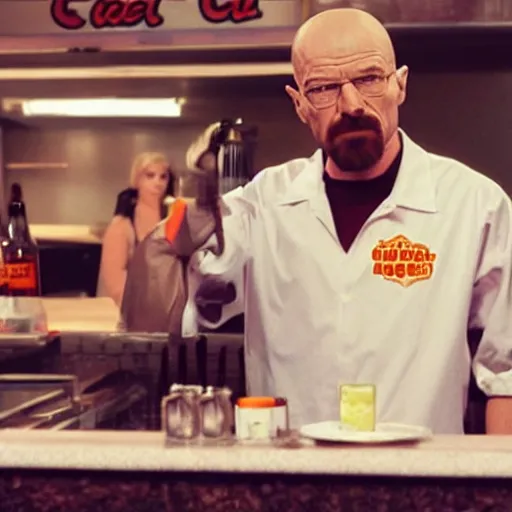 Prompt: Walter White as a hooters waitress