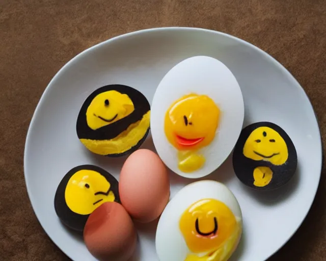 Image similar to eggs with happy faces on them. they have arms and legs made of twigs. yolk is pouring out of their snout. they had a hearty laugh. boogers are coming out of their noise.