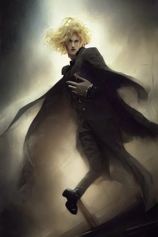 Prompt: johan liebert mixed with alucard picture by Greg Rutkowski, long fluffy blond curly hair, baroque curls, dynamic pose, matte painting, intricate, z brush, fantasy concept art, elegant, fat body type, by Stanley Artgerm Lau, WLOP, golden ratio, thomas kindkade, alphonse mucha, loish, Peter chung, norman Rockwell,