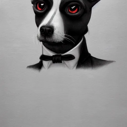 Prompt: an anthropomorphic dog wearing a tuxedo suit,Character design by charlie bowater, ross tran, artgerm, and makoto shinkai, detailed, inked, western comic book art, 2021 award winning painting,photorealistic,detailed face,professional lighting,studio photograph,hyperdetailed