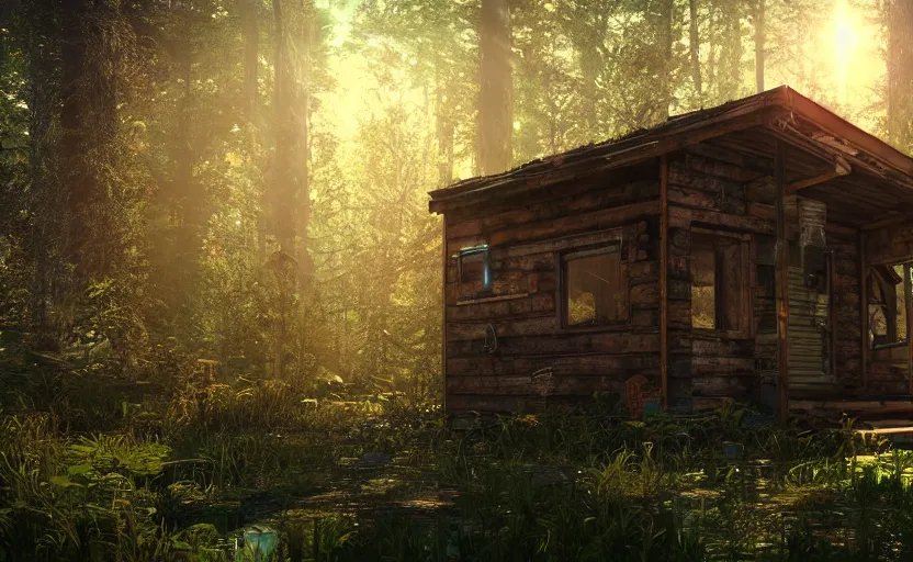 Prompt: photorealistic abandoned cyberpunk rustic metal cabin in a lush forest. daylight. sunlight. lens flare. light fixtures. 8K. detailed. photorealism. artstation. 25mm f/1.7 ASPH Lens. ultra realistic