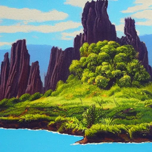 Image similar to acrylic painting of a lush natural scene on an alien planet by wim van de wege. beautiful landscape. weird vegetation. cliffs and water.