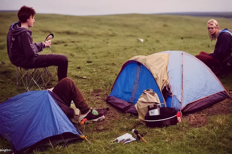 Prompt: candid photo of 3 teenagers camping at Glastonbury, UK, Kodak Portra 200,8K,highly detailed: beautiful perspective closeup environmental portrait photo in style of 2000s retrofuturism, cinema lighting , by beksinski, photography fashion edition, tilt shift, highly detailed, focus on man ;blonde hair;blue eyes, clear eyes, soft lighting