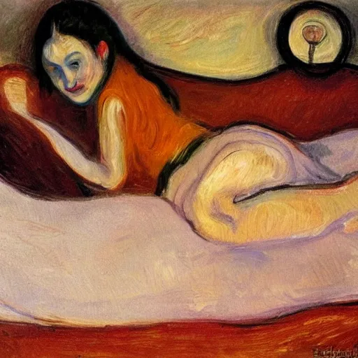 Prompt: lady with brown hair taking up too much space in bed in, oil painting in the style of edvard munch