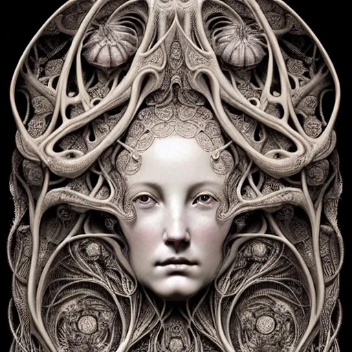 Prompt: detailed realistic porcelain beautiful intricate calaveras goddess face portrait by jean delville, gustave dore, iris van herpen and marco mazzoni, art forms of nature by ernst haeckel, art nouveau, symbolist, visionary, gothic, neo - gothic, pre - raphaelite, fractal lace, intricate alien botanical biodiversity, surreality, hyperdetailed ultrasharp octane render