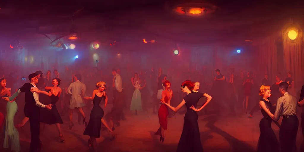 Prompt: 1 9 5 0 s night club with people dancing by otto dix and greg rutkowski and andreas rocha, cinematic lighting, warm colours, ultra realistic, unreal engine, trending on artstation, 4 k