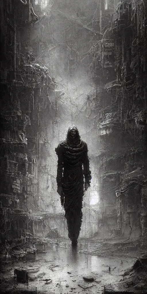 Prompt: lost and alone in an industrial cyberpunk wasteland by gustave dore and gustave moreau and beksinski and giger and craig mullins and jeremy mann