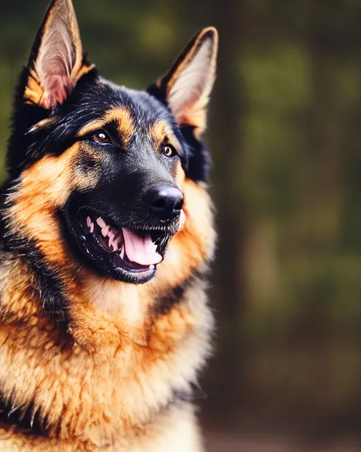 Image similar to An extremely wholesome studio portrait of a happy German Shepherd dog, bokeh, 90mm, f/1.4