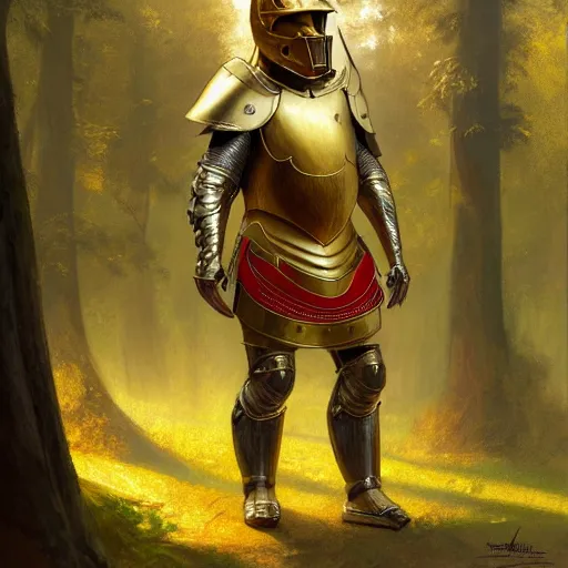 Image similar to photo of a humanoid capybara dressed in armor with a golden helmet on the head, hold sword in the forest, highly detailed, digital painting, artstation, smooth, sharp focus, illustration, art by artgerm and greg rutkowski and alphonse mucha