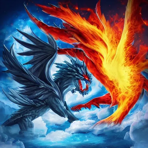 Image similar to ice Phoenix fighting against fire dragon, realistic