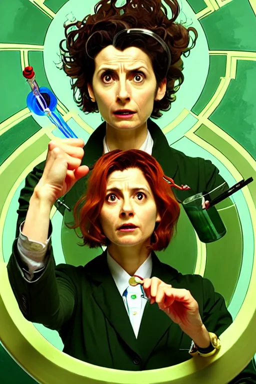 Image similar to doctor who, woman, as a mad dentist, on a plain green background, art by artgerm and greg rutkowski and alphonse mucha