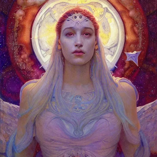 Image similar to queen of the moon with stars in her hair, by annie swynnerton and tino rodriguez and donato giancola and nicholas roerich and jean delville and diego rivera and charlie bowater, dramatic lighting, god rays, geometric tattoos, rich colors, smooth sharp focus, extremely detailed, adolf wolfli