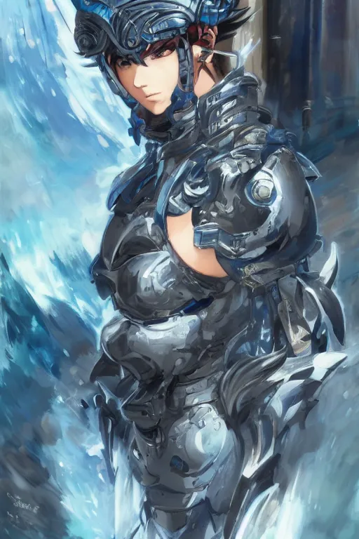 Image similar to concept art, anime portrait of a ninja cyborg warrior wearing an intricate azure wolf themed armor by Masamune Shirow, Stanley Artgerm Lau, WLOP, Rossdraws, James Jean, Andrei Riabovitchev, Marc Simonetti, and Sakimichan, trending on artstation