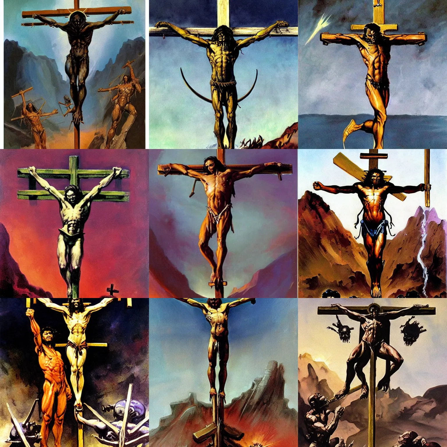 Prompt: alien crucifixion.painting by frank frazetta
