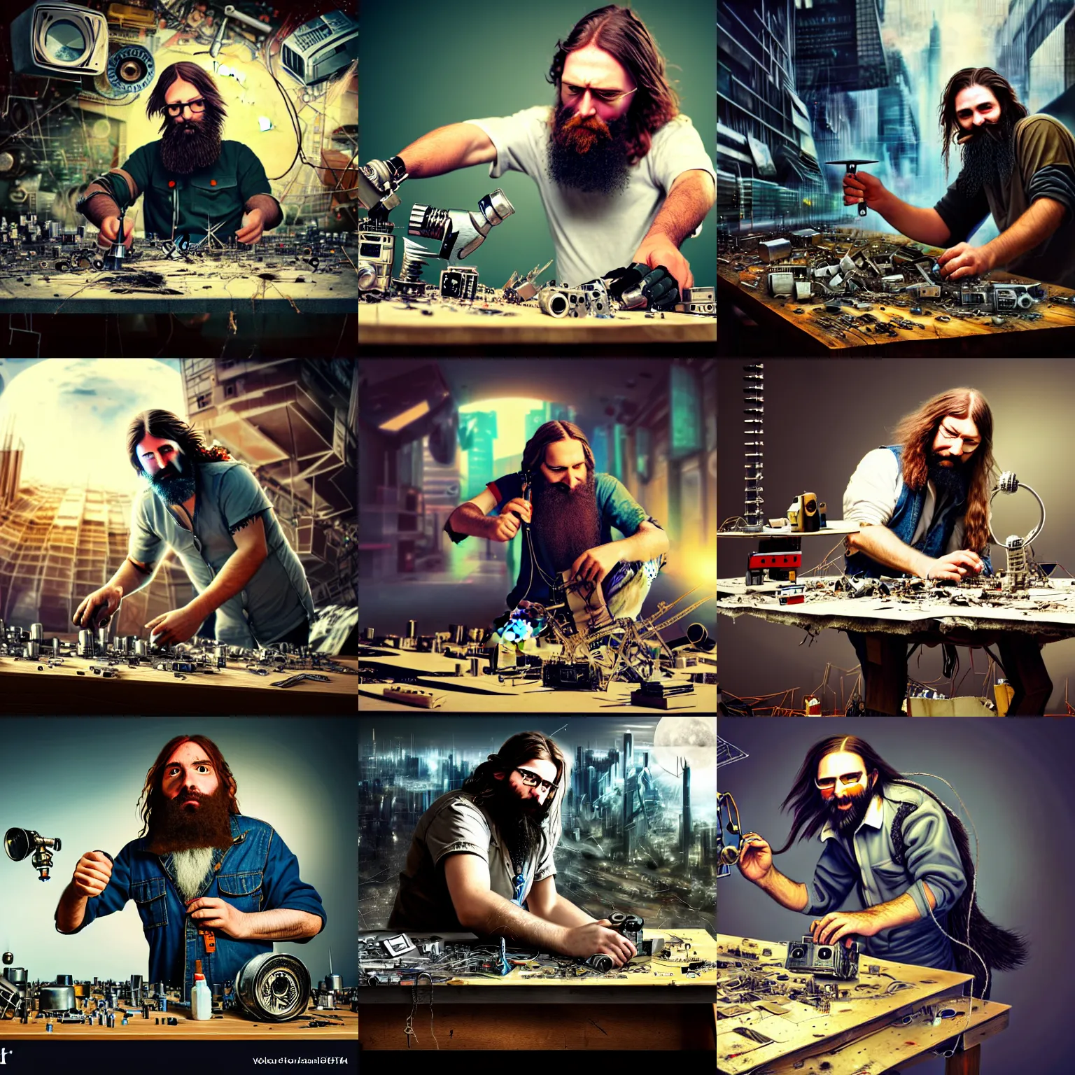 Prompt: bearded man with long hair and torn clothes repairing planet earth on a table with radio components, futurism, cyberpunk, steampunk, hyper realism, ultra details