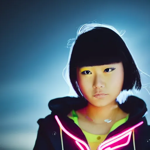 Prompt: photo portrait of an Asian girl with sidecut hair wearing neon cyberpunk jacket, cinematic shot, night lighting, dslr bokeh depth of field