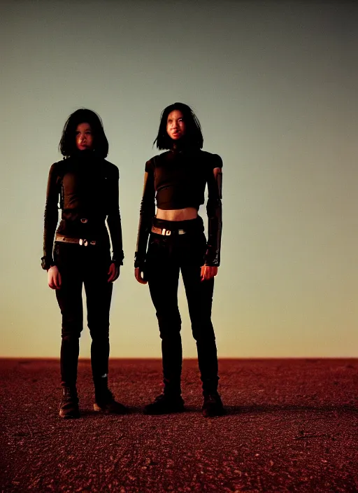 Image similar to cinestill 5 0 d photographic portrait of two loving female androids wearing rugged black techwear on a desolate plain with a red sky, extreme closeup, lizard on ground, cyberpunk style, in front of a brutalist dark metal facility, dust storm, 8 k, hd, high resolution, 3 5 mm, f / 3 2, ultra realistic faces