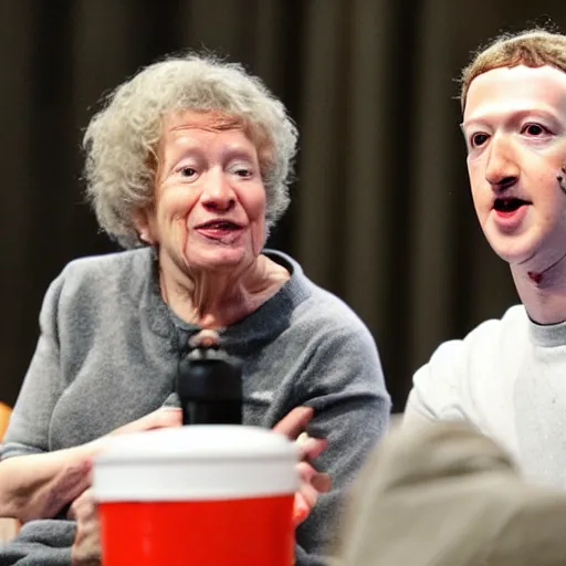 Prompt: mark Zuckerberg eating an old woman