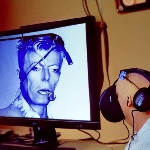 Image similar to obese David Bowie wearing a headset yelling at his monitor while playing WoW highly detailed wide angle lens 10:9 aspect ration award winning photography by David Lynch esoteric erasure head