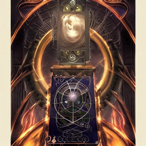 Image similar to Arcane Tarot, Fantasy, 2d Digital Art, steampunk, soft render, symmetrical centered, high quality 3D render, concept art, 4K, UHD, High quality mechanical, Badge, glow in the dark, ethereal, the void, ominous background, very detailed, stylized, trending on artstation