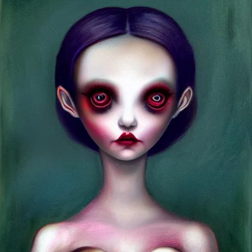 Image similar to a painting in the style of mark ryden and in the style of natalie shau and in the style of irakli nadar.