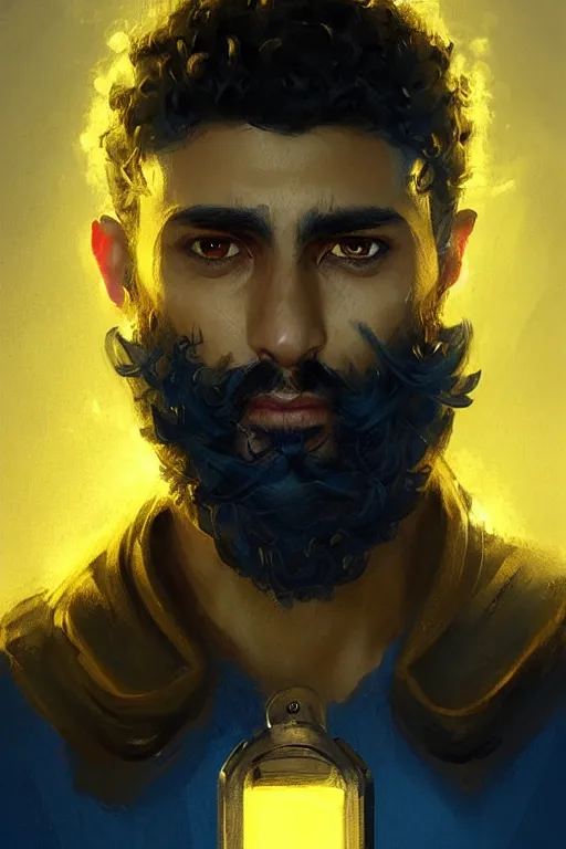 Image similar to Arab man light beard, curly hair, swordsman, modern, hero, yellow and charcoal leather, glowing blue eyes!! highly detailed, digital painting, artstation, concept art, sharp focus, illustration, by greg rutkowski