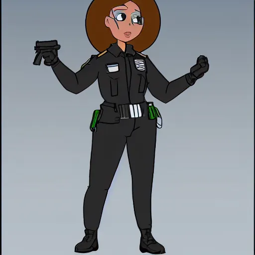 Image similar to a futuristic female security guard in american animation style