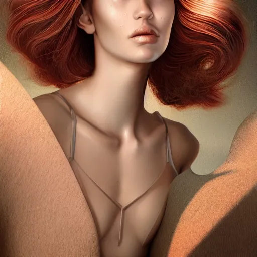 Prompt: Glamorous Runway Model with Ocular Implants, long fan blown dark reddish hair, tight bone structure, olive skin, intricate, elegant, highly detailed, octane render, photorealistic, smooth, depth of field blur, illustration, art James Jean and Kim Keever