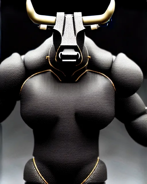 Image similar to a full body shot of an imposing cyborg bull modeled after a bull looking into the camera, contrast lighting, black skin!!!, intricate pattern, hard rubber chest, highly detailed, android, cyborg, full body shot, intricate, 3 d, symmetrical, octane render, fantasy, highly detailed, digital art, artstation, strong bokeh, black face