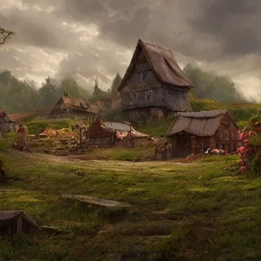 Image similar to wooden village from midsommar, slavic vibes, temples, greg rutkowski