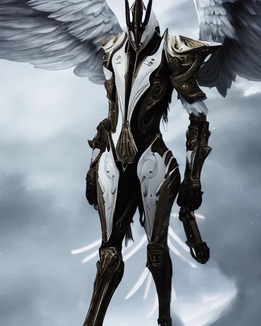 Image similar to tall, fighter wearing white dove wings, warframe armor, regal, attractive, ornate, sultry, scifi platform, 4 k, ultra realistic, epic lighting, illuminated, cinematic, black gold, art by akihito tsukushi, voidstar