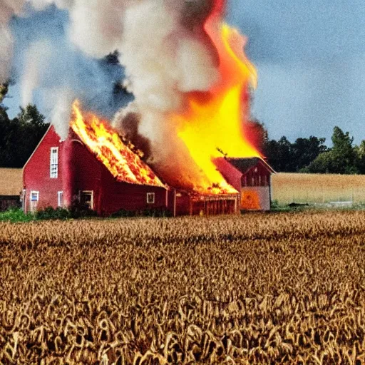 Image similar to a small vintage farm on fire in a corn field