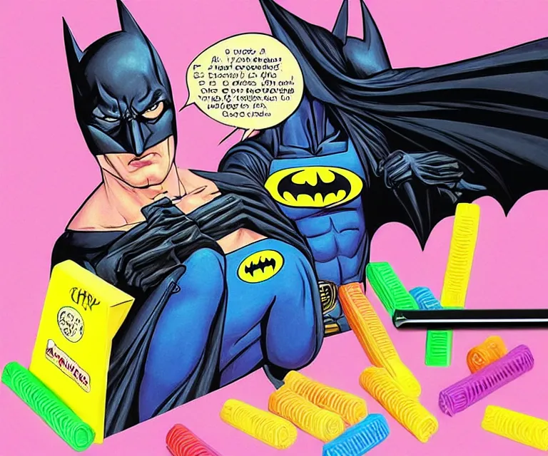 Image similar to “ treacher collins batman eating crayons from the box, photorealistic, hyperrealism, 8 k ”