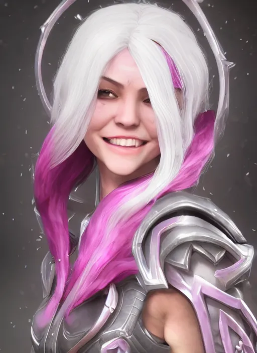 Image similar to smiling syndra, from league of legends, white hair, pink magic, hyper detailed, digital art, au naturel, with abs, trending in artstation, cinematic lighting, studio quality, smooth render, unreal engine 5 rendered, octane rendered, art style by klimt and nixeu and ian sprigger and wlop and krenz cushart