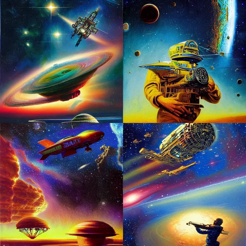 Prompt: A colorful galaxy with a transparent image of an old Ozark man playing the banjo, a spaceship flies by, by Chris Foss, by Bob Eggleton, by James Warhola, science fiction cover art, digital art, stunning, breathtaking, aesthetic, artstation, highly detailed, realistic