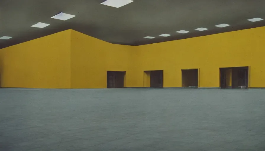 Image similar to 60s movie still of a sovietic stalinist style empty art museum with a soviet congress with yellow wall, by revolog color, liminal Space style, heavy grain