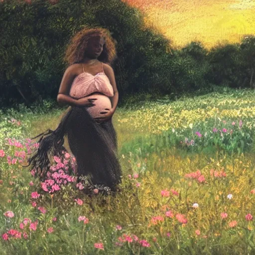 Image similar to pregnant black woman with curly hair in a vast field of flowers, laying down, a tiny black puppy running around, golden hour, vintage, impressionist painting, fine art, oil painting, dreamy, pastel, laughing, happy, intricate details, sharp, peaceful, serene