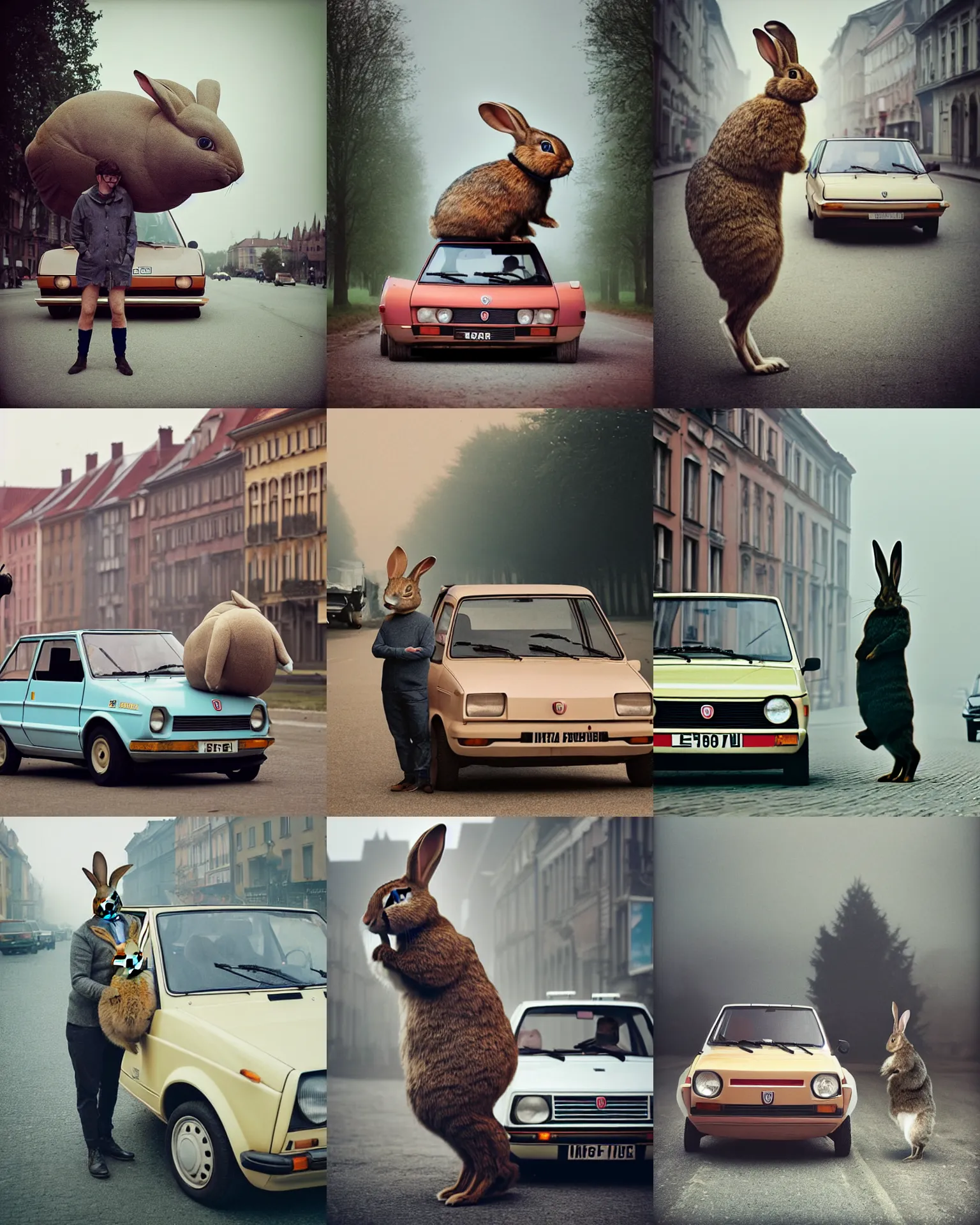 Prompt: real rabbit!!! giant oversized real rabbit, in legnica, full body, in background : fiat 1 2 6 p, cinematic focus, polaroid photo, vintage, neutral dull colors, soft lights, foggy mist, by oleg oprisco, by thomas peschak, by discovery channel, by victor enrich, by gregory crewdson