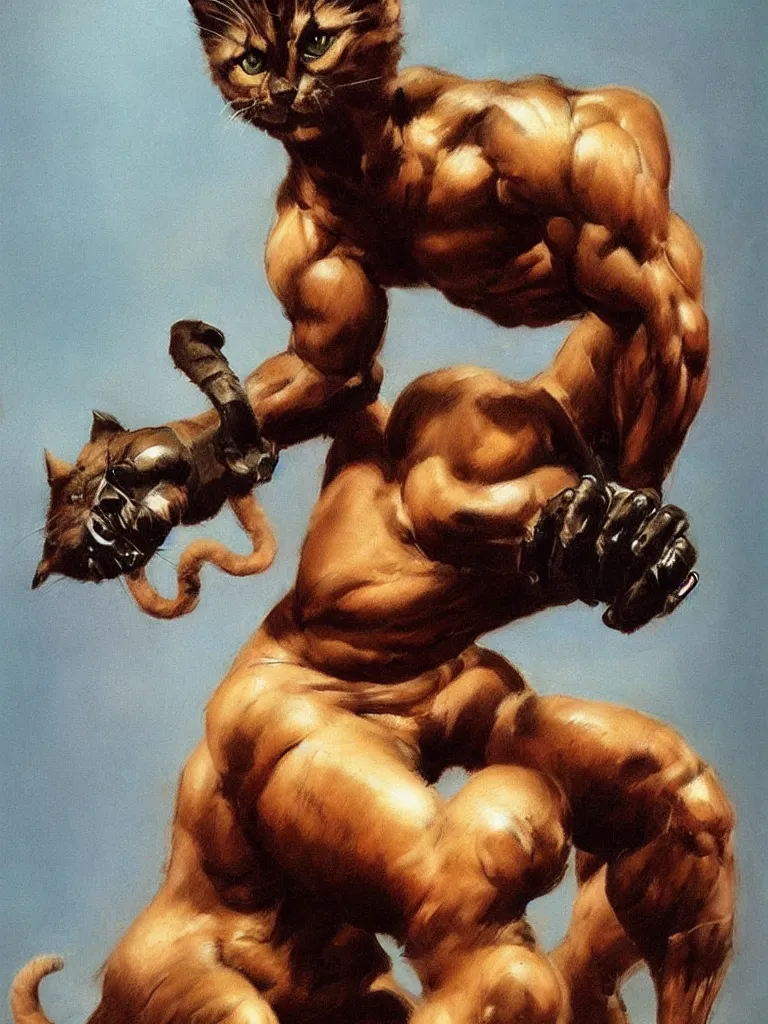Prompt: badass muscular kitten character by Frank Frazetta, full body, highly detailed, intricate, trending on artstation