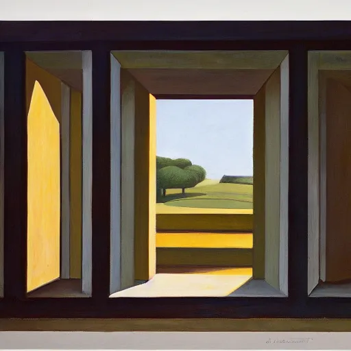 Image similar to first person view of a stark concrete maze, people peering into portholes, grant wood, pj crook, edward hopper, oil on canvas