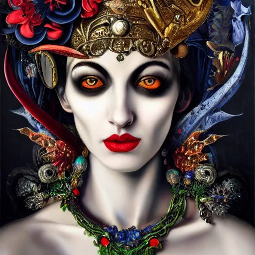 Image similar to Detailed maximalist stunning portrait of gorgeous dark elf with beautiful piercing eyes dressed in a jester’s hat with a monocle, HD mixed media, 3D collage, highly detailed and intricate, masterpiece, award-winning, surreal illustration in the style of Caravaggio, dark art, baroque