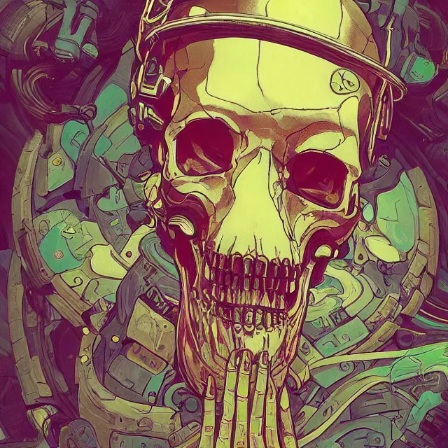 Image similar to a beautiful painting of a ( cyberpunk ) skull by simon stalenhag and pascal blanche and alphonse mucha! and nekro. in style of digital art. colorful comic, film noir, symmetry, hyper detailed. octane render. trending on artstation