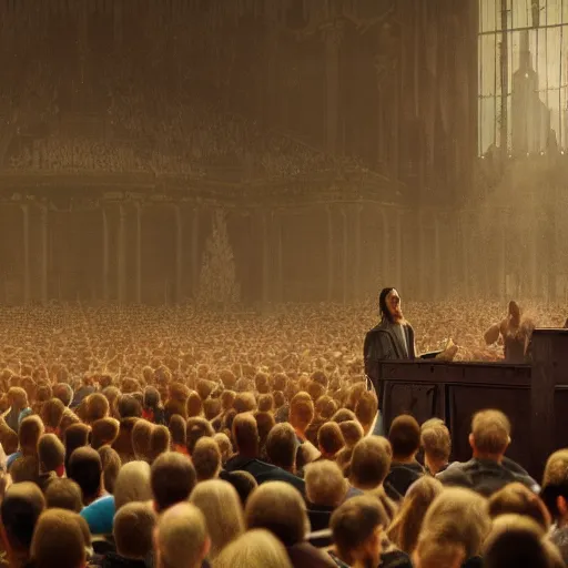 Image similar to pastor Dante Gebel giving a sermon message before a large crowd, artstation, Greg rutkowski, cinematic, digital Art